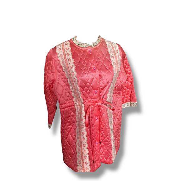 Vintage 60s Pink Quilted Satin Pajama Lounge Set Lace Trim Size 34 Medium - Picture 5 of 13